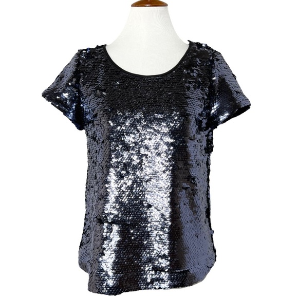 SOLD-Anthropologie Blue Jewel Tone Sequin Short Sleeve Blouse Tee - Picture 2 of 11